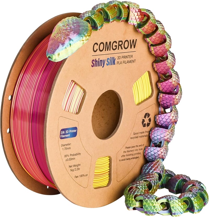 Comgrow Tri-Colors Silk PLA 3D Printer Filament, Rainbow PLA Filament 1.75mm, Dimensional Accuracy +/- 0.02 mm, 1KG Spool, Coextrusion 3D Filament with Shiny Silk Red-Blue-Yellow - Image 4